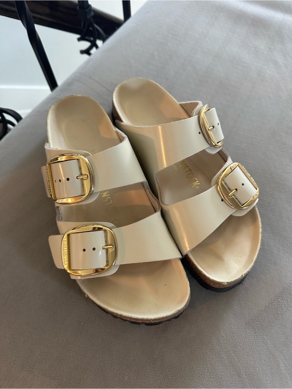 Birkenstock Women's Triple Buckle Sandals in Cream with Gold Buckles